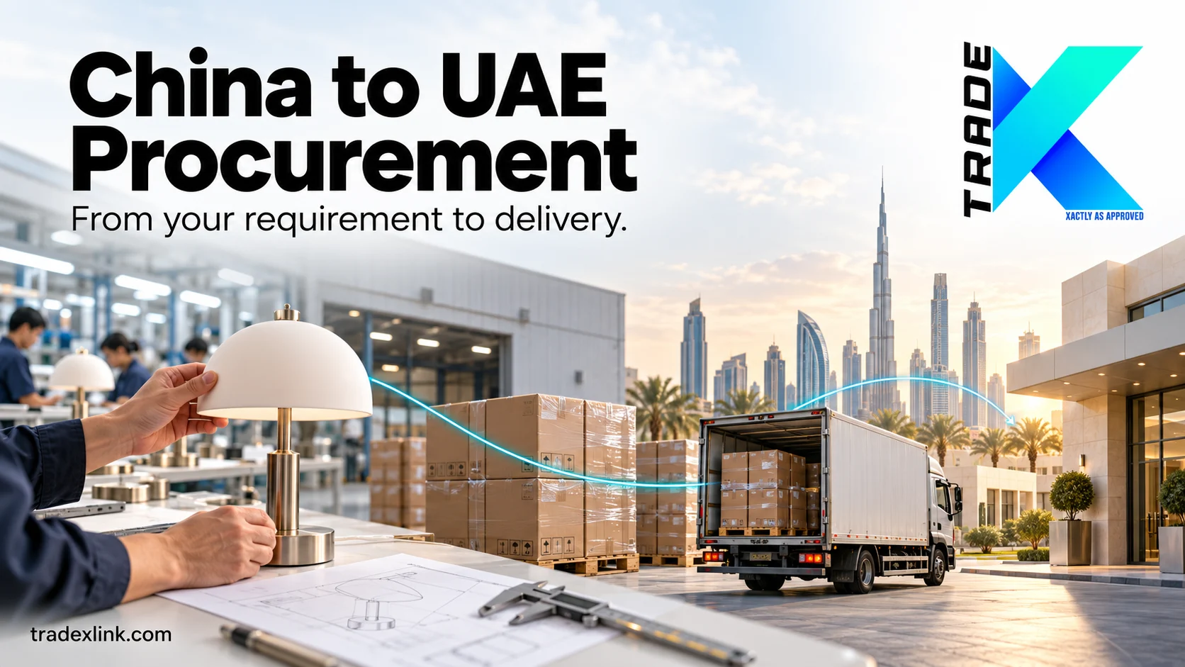 TradeX China-to-UAE procurement journey showing product inspection, packed goods and delivery to a UAE business.