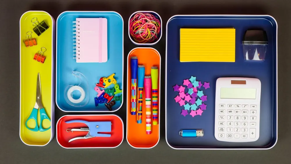 Office supplies arranged in an organizer