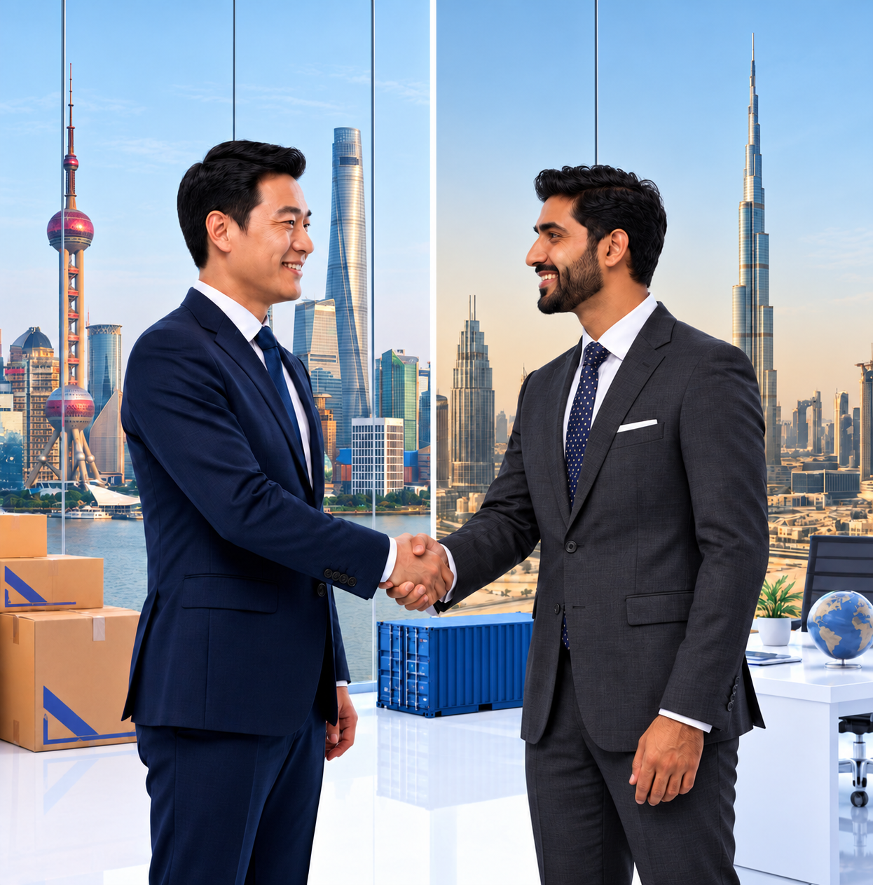 Chinese supplier shaking hands with an Emirati businessman, representing TradeX sourcing from China to the UAE