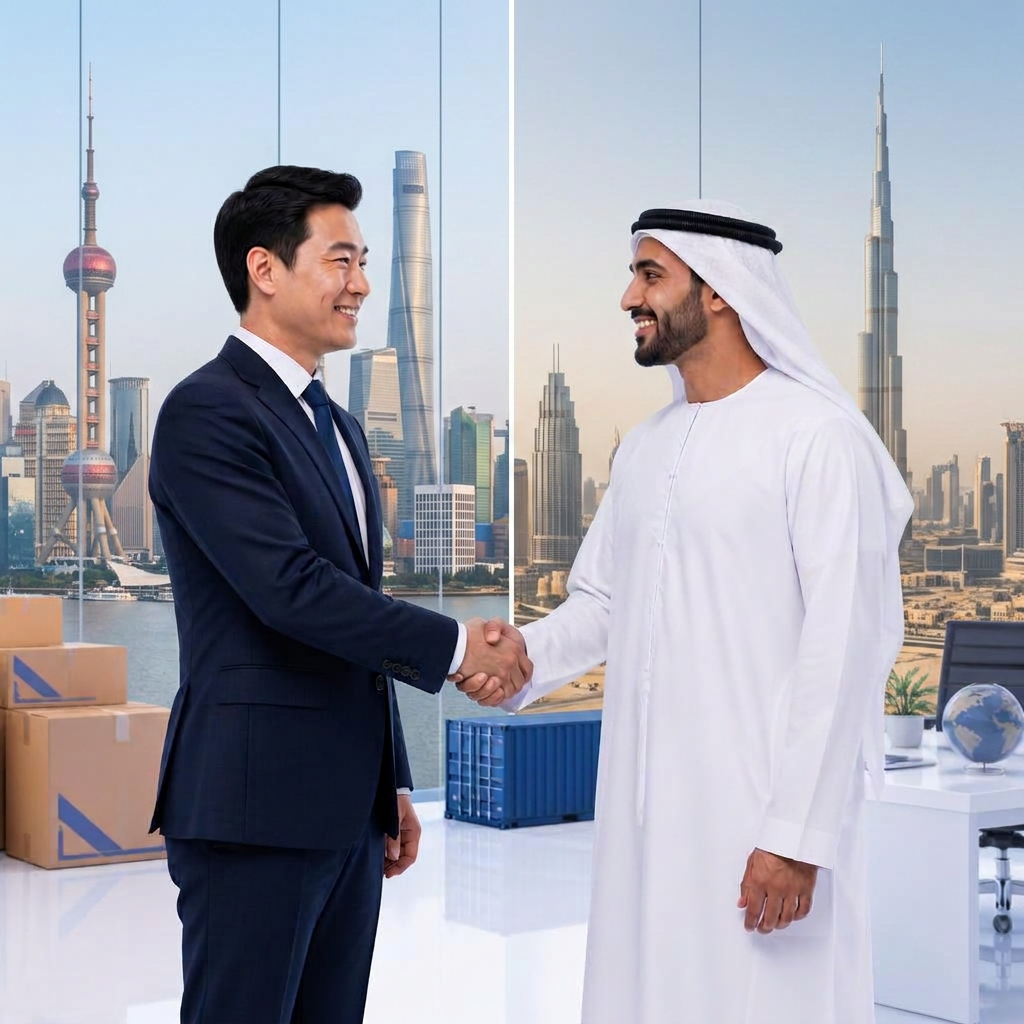 Chinese supplier shaking hands with an Emirati businessman, representing TradeX sourcing from China to the UAE